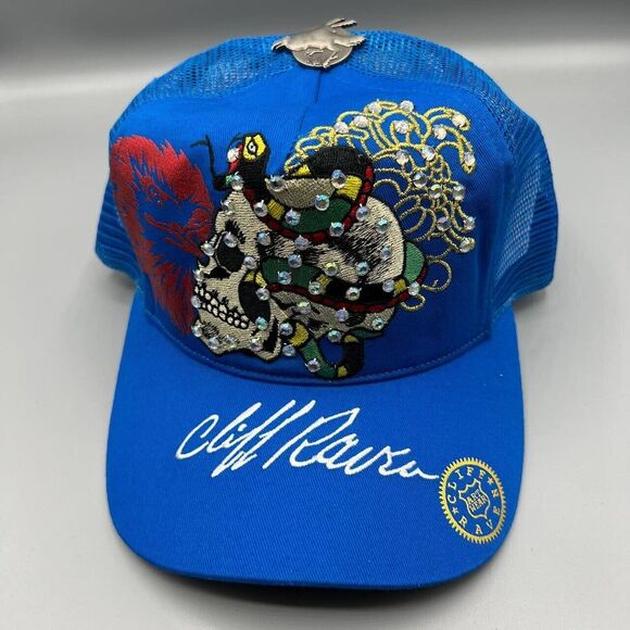 Vintage‎ Cliff Raven Hat Blue Ed Hardy Japanese tattoo Snap back Trucker Cap 90s
